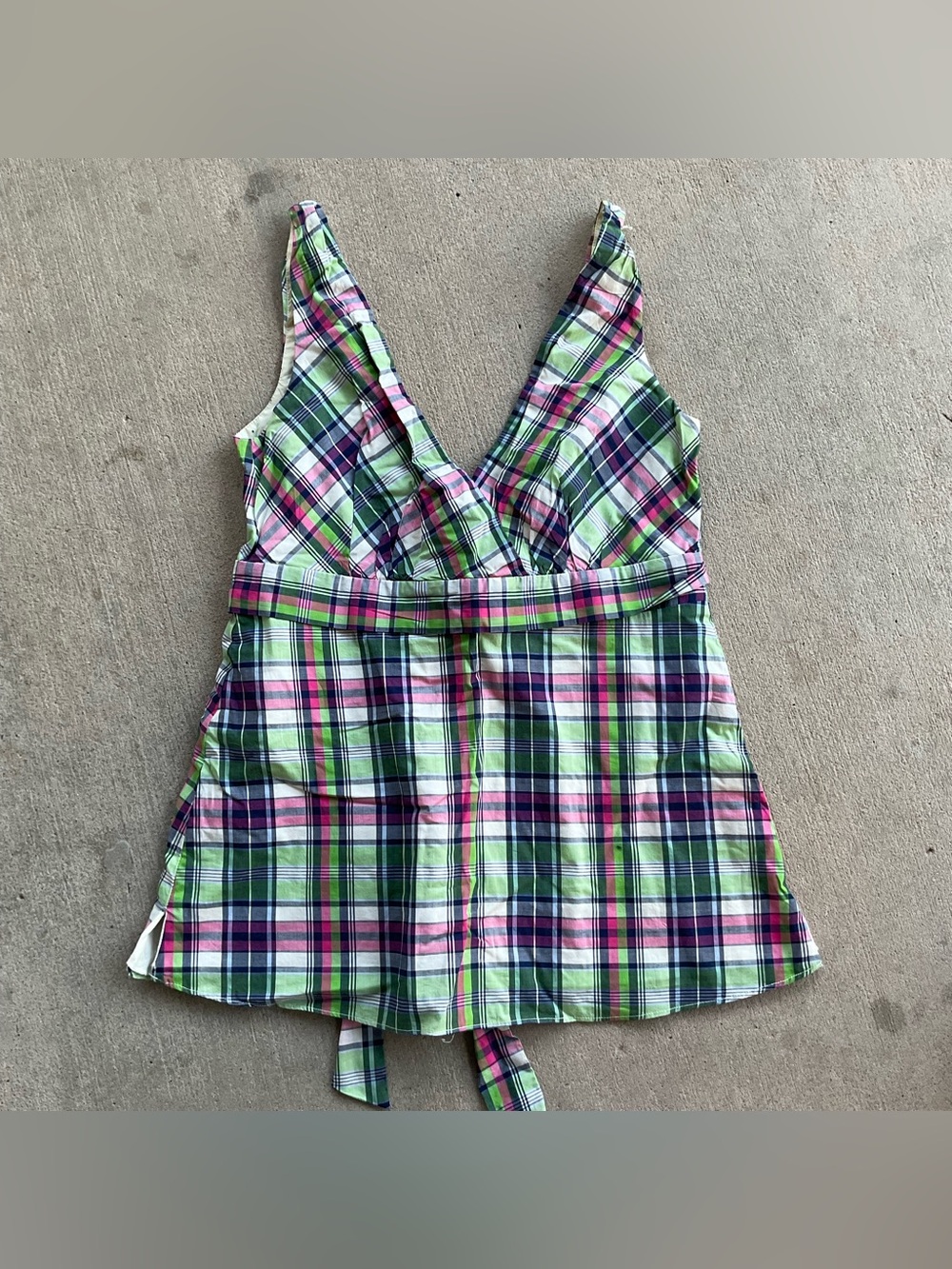 Vintage J.Crew Sleeveless Plaid V-Neck Tunic in Green, Pink & Navy